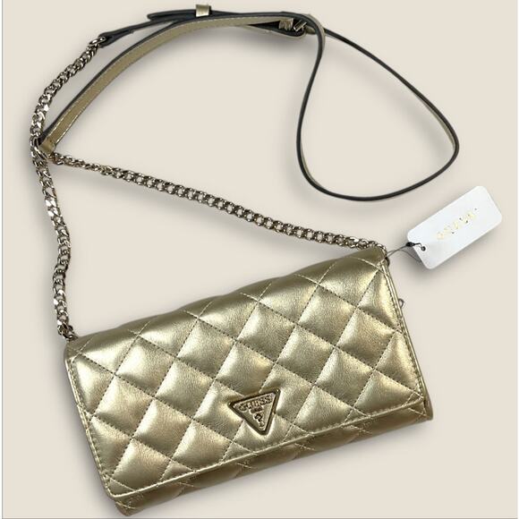 Guess Glimmer Flap Gold Quilted Wallet on Chain - New with Tags - Picture 1 of 3